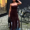 Asymmetric Lace Tulle Bandeau Midi Dress Asymmetric Lace Tulle Bandeau Midi Dress
