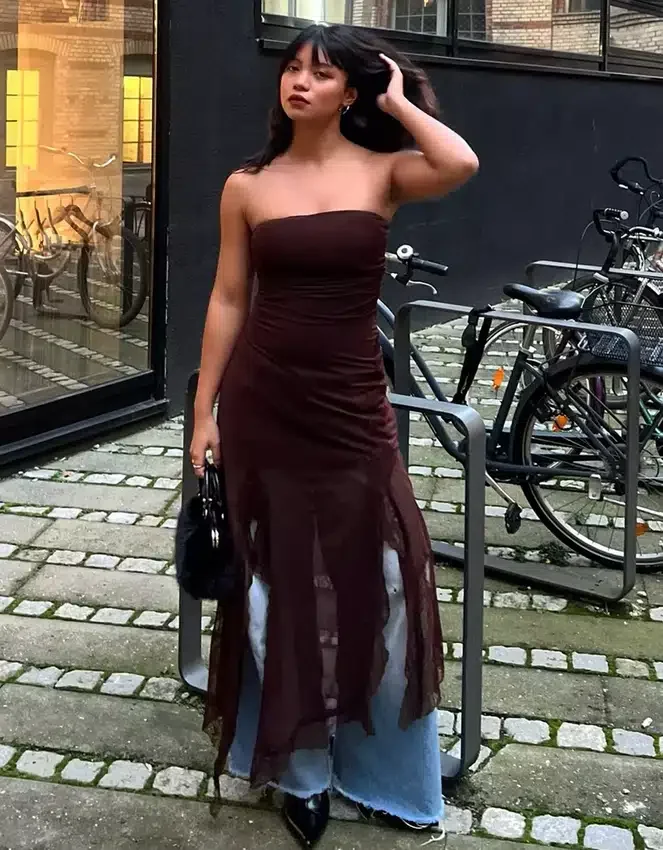Asymmetric Lace Tulle Bandeau Midi Dress Asymmetric Lace Tulle Bandeau Midi Dress