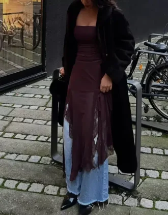 Asymmetric Lace Tulle Bandeau Midi Dress