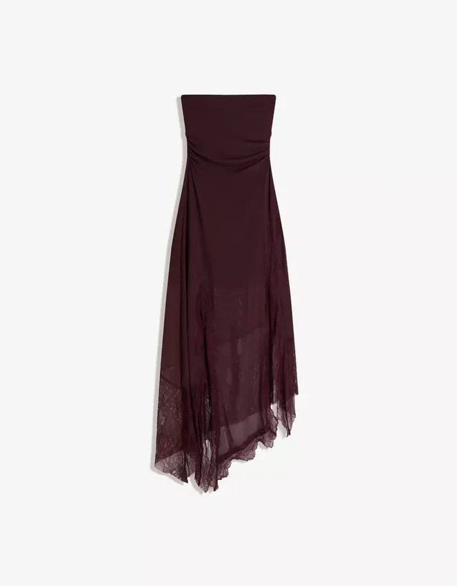 Asymmetric Lace Tulle Bandeau Midi Dress Asymmetric Lace Tulle Bandeau Midi Dress