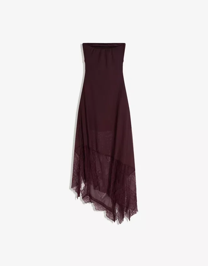 Asymmetric Lace Tulle Bandeau Midi Dress Asymmetric Lace Tulle Bandeau Midi Dress
