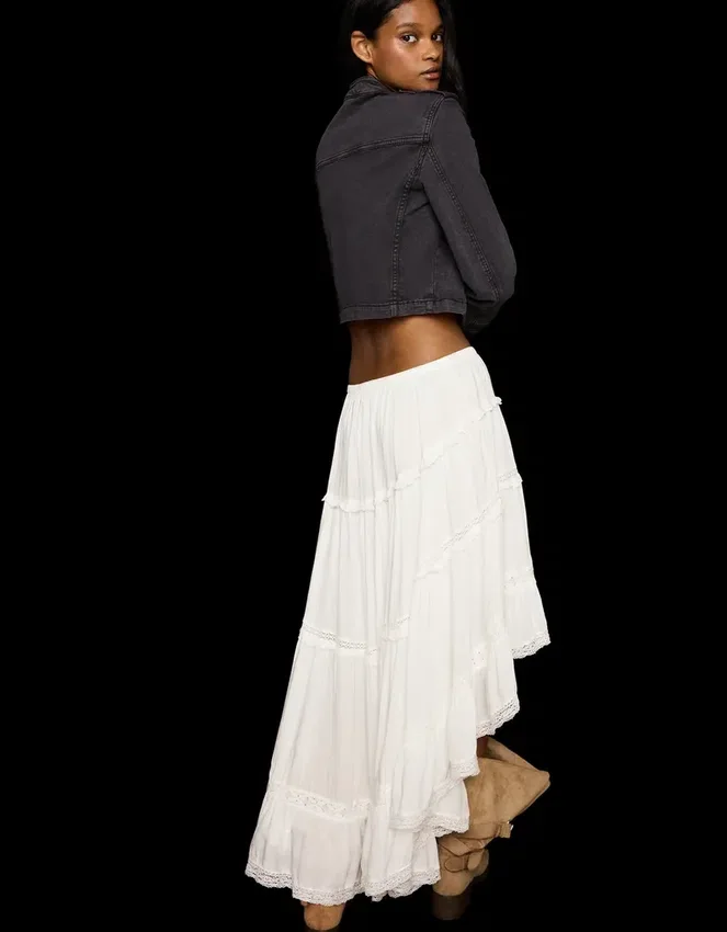 Asymmetric Long Skirt with Lace Trim Asymmetric Long Skirt with Lace Trim