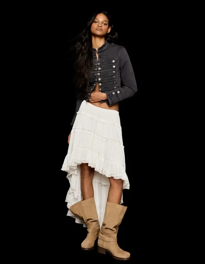 Asymmetric Long Skirt with Lace Trim Asymmetric Long Skirt with Lace Trim