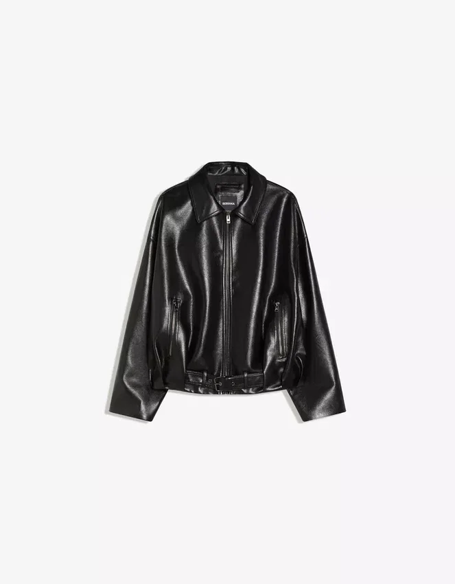 Belted Faux Leather Bomber Jacket – Jackets and Trench – Women Belted Faux Leather Bomber Jacket – Jackets and Trench – Women