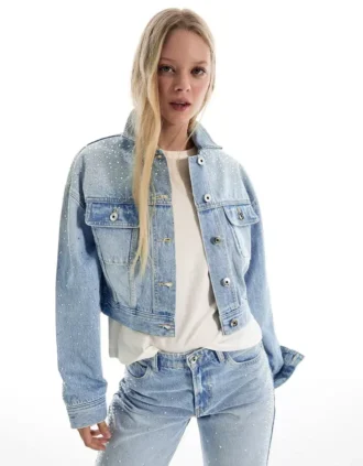 Cropped Denim Rhinestone Jacket – Jackets and Trench