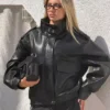 Faux Leather Funnel Collar Jacket