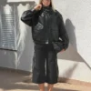 Faux Leather Funnel Collar Jacket
