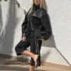 Faux Leather Funnel Collar Jacket