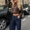 Faux Leather Funnel Collar Jacket