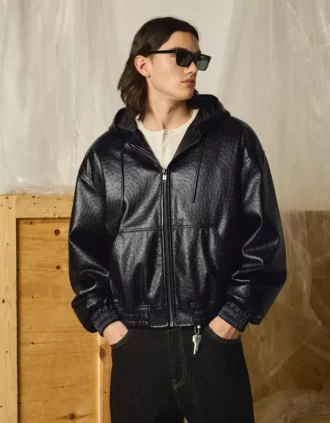 Faux Leather Jacket with Hood – Jackets Faux Leather Jacket with Hood – Jackets