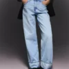 High-Waist Straight Wide-Leg Jeans with Turn-Up Hems – Pants