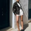 Leather Funnel Neck Jacket – Women