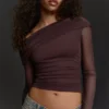 Long Sleeve Asymmetric Tulle T-Shirt