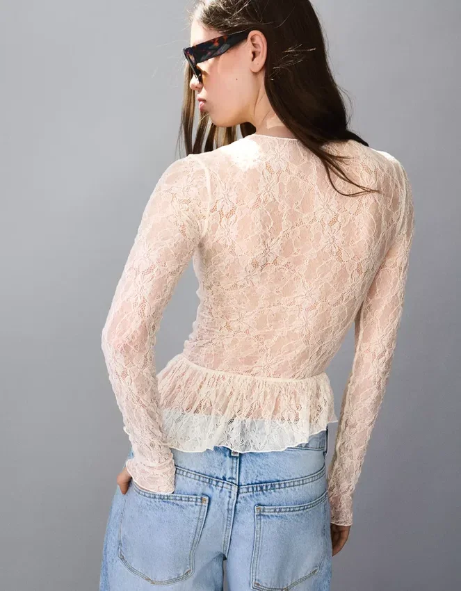 Long Sleeve Ruffled Blonde Lace T-Shirt Long Sleeve Ruffled Blonde Lace T-Shirt