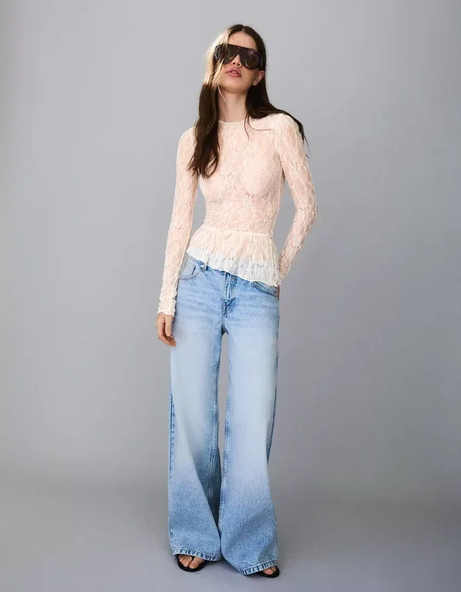 Long Sleeve Ruffled Blonde Lace T-Shirt Long Sleeve Ruffled Blonde Lace T-Shirt