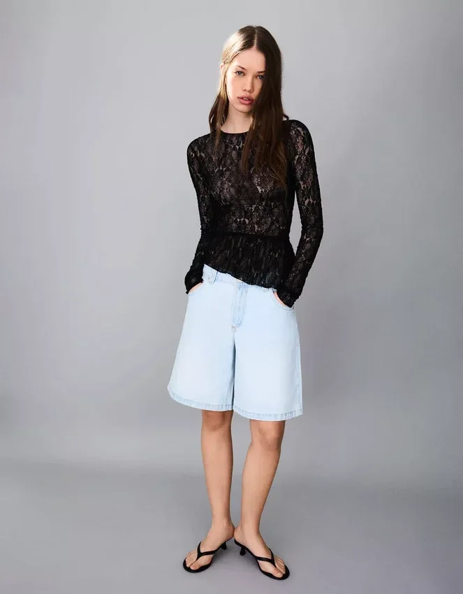 Long Sleeve Ruffled Blonde Lace T-Shirt Long Sleeve Ruffled Blonde Lace T-Shirt