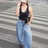 Low-Rise Wide-Leg Barrel Jeans with Front Buttons
