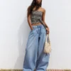 Low-Rise Wide-Leg Barrel Jeans with Front Buttons – Pants