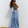 Low-Rise Wide-Leg Barrel Jeans with Front Buttons – Pants