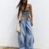 Low-Rise Wide-Leg Barrel Jeans with Front Buttons – Pants