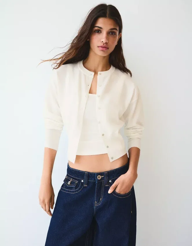 Striped Crew Neck Button-Up Jacket – Sweaters and Cardigans Striped Crew Neck Button-Up Jacket – Sweaters and Cardigans