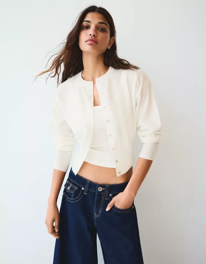 Striped Crew Neck Button-Up Jacket – Sweaters and Cardigans Striped Crew Neck Button-Up Jacket – Sweaters and Cardigans