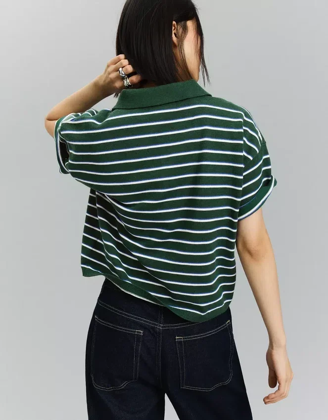Striped Polo Collar Sweater – Tops and Bodysuits Striped Polo Collar Sweater – Tops and Bodysuits